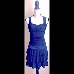 Navy Blue Ruffled Mini Skirt Dress: Fitted Stretch Sheath, Padded Bust, Sz. M